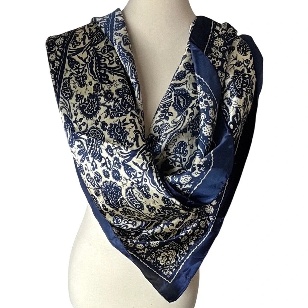 Navy Blue Cream Floral Bird Paisley Square Scarf Silky‎ Neckerchief 35x35
